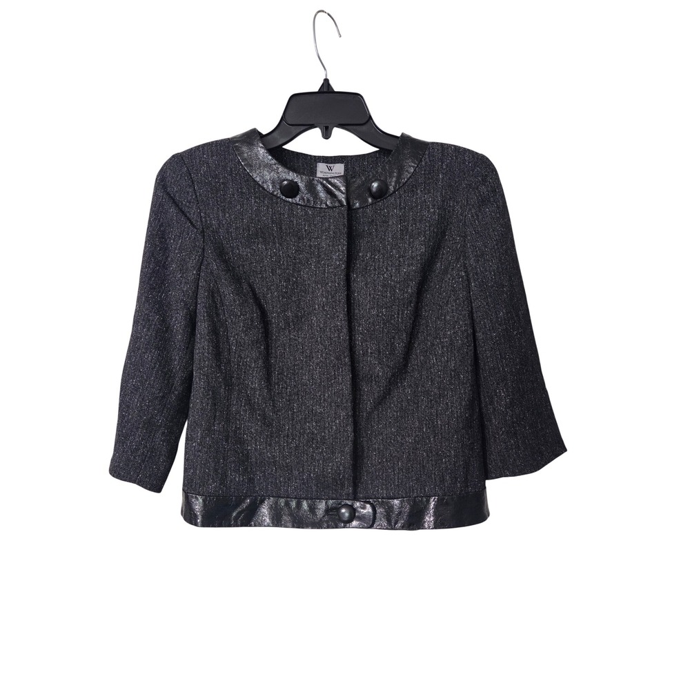 Worthington Petite Stretch Cropped Blazer Gray Faux Leather Trim Jacket PM